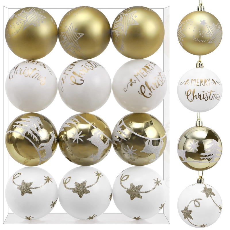 SHareconn 12ct 3.15 Inch Christmas Tree Balls Ornaments, Colored Shatterproof Plastic Decorative Baubles Decorations for Xmas Tree Decor Holiday Party Wedding Decoration (Gold & White, 80mm) - Image 1